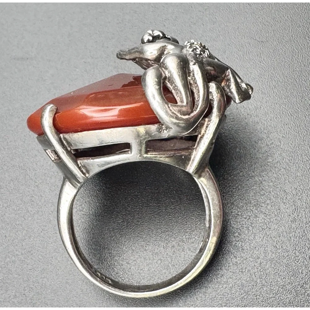 Sterling Silver Panther Carnelian Ring Size 8.5 Marcasite Art Deco Style 18.9 gm